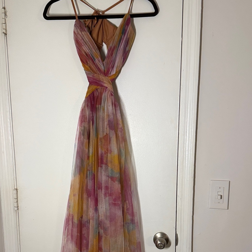 Fashion Nova Watercolor Floral Halter Maxi Dress in Pink and Yellow